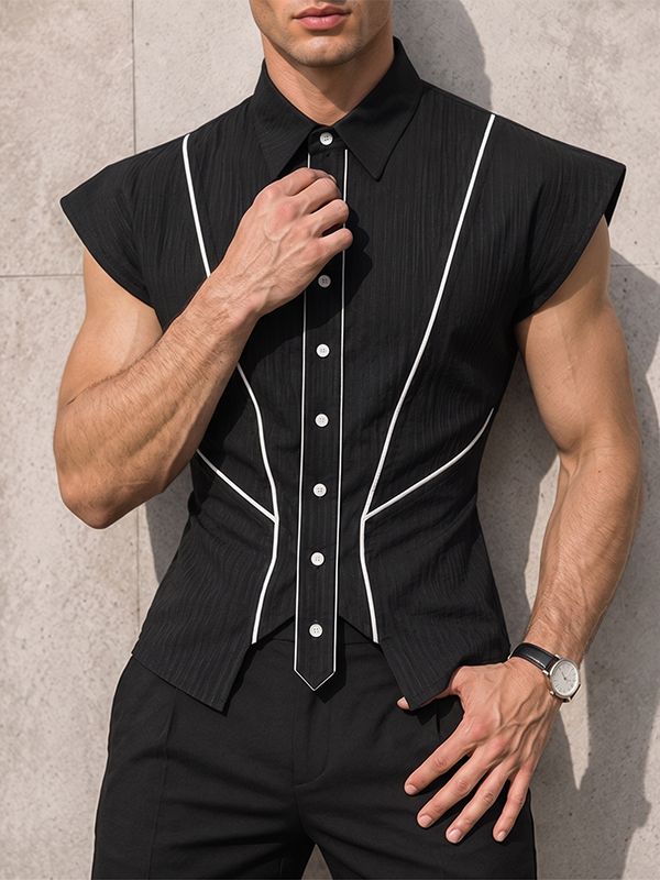 Men's Avant-Garde Contrast Piping Tailored Slim Fit Sleeveless Shirt SKUL75608