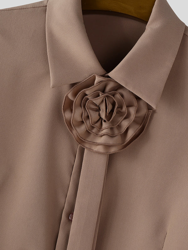 Men's Solid Color Floral Bow Long Sleeve Shirt SKUL30473