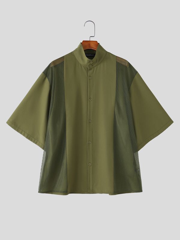 Men's Vintage Modern Chinese Mesh Patchwork Mandarin Collar Short Sleeve Shirt SKUL71303