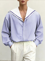 Men's Striped Sailor Collar Long Sleeve Shirt SKUL46537