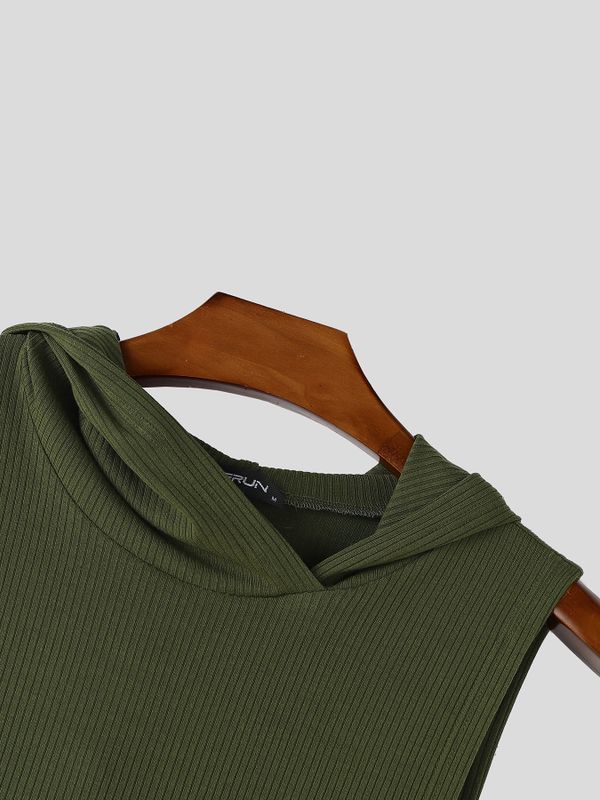 Men's Avant-Garde Resort Open Side Cutout Drawstring Hem Ribbed Sleeveless Hooded Tank SKUL78122
