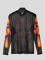 Men's Futuristic Sheer Mesh Thermal Muscle Print Mock Neck Long Sleeve Shirt SKUL64229