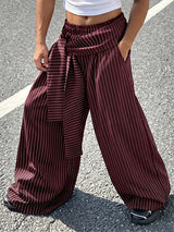 Men's Avant-Garde Asymmetric Wrapped Tie-Waist Pinstripe Oversized Wide-Leg Baggy Pant SKUL70237