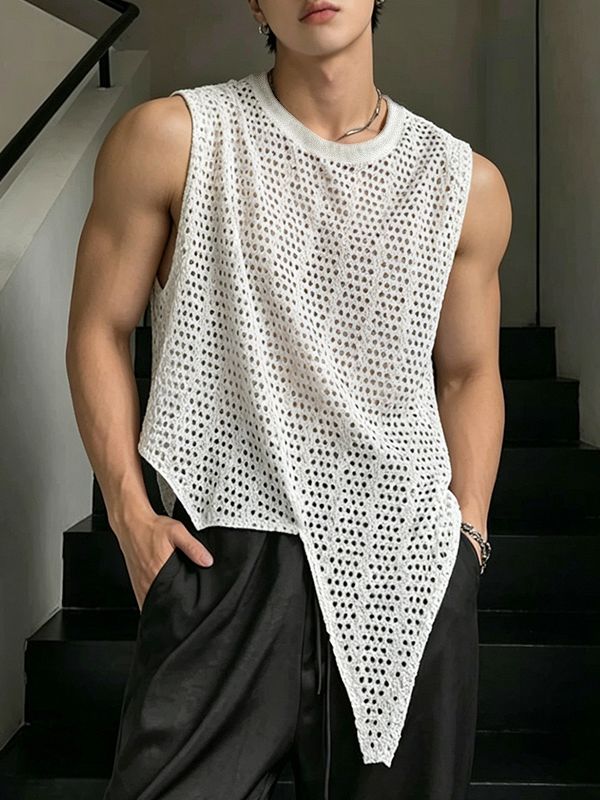 Men's Avant-Garde Asymmetric Sharp Pointed Hem Eyelet Crochet Mesh Knit Tank SKUL71310