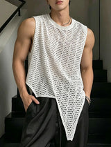 Men's Avant-Garde Asymmetric Sharp Pointed Hem Eyelet Crochet Mesh Knit Tank SKUL71310