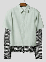 Men's Vertical Pinstripe Mesh Patchwork Layered Design Fishnet Sleeve Shirt SKUL54010