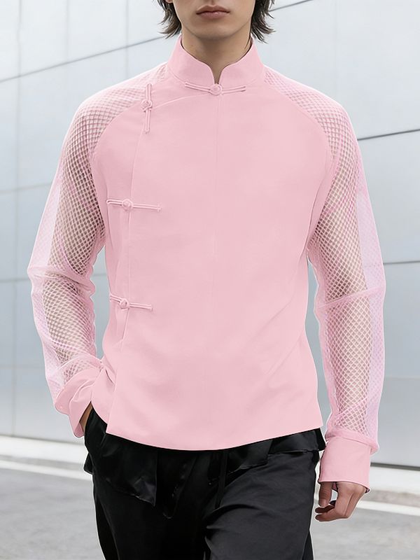 Men's Sheer Mesh Patchwork Frog Button Long Sleeve Shirt SKUL54548