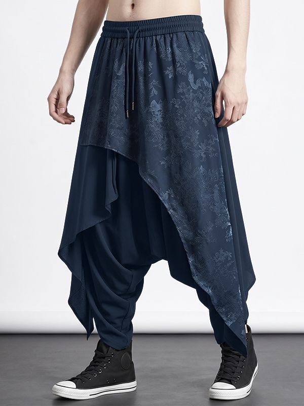 Men's Avant-Garde Dark Aesthetic Deconstructed Layered Jacquard Drop-Crotch Pant SKUL69617