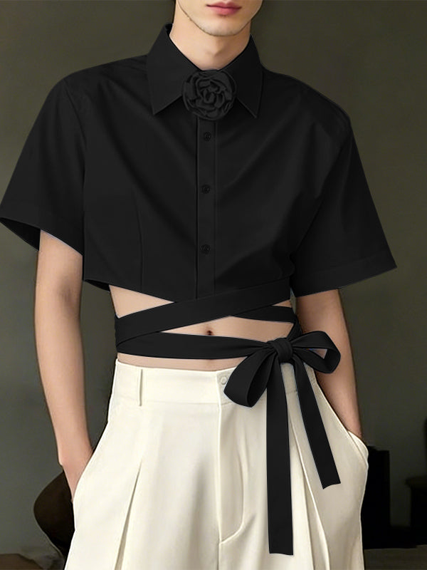 Men's Multi-Wrap Waist Tie Detail 3D Rose Collar Cropped Short Sleeve Shirt SKUL55290