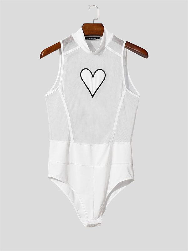 Men's Heart Print Sheer Casual Bodysuit SKUL13990