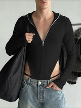 Men's Solid Color Knit Hooded Zip-Up Bodysuit SKUL38915