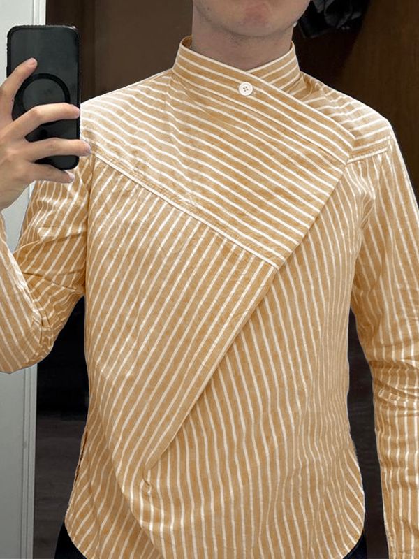 Men's Stripe Asymmetric Layered Stand Collar Long Sleeve Shirt SKUL50909