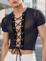 Men's Sheer Mesh Lace-Up Cross Cropped Short Sleeve T-Shirt SKUL16796