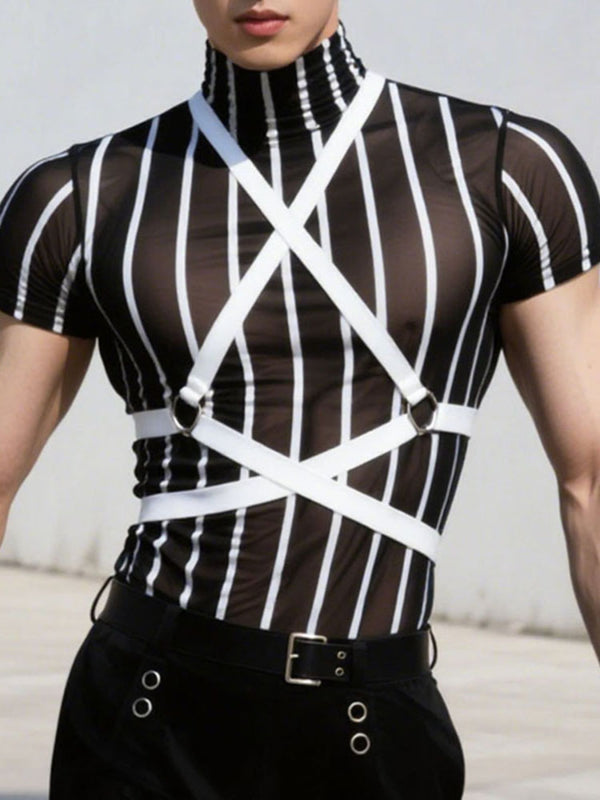 Men's Sheer Mesh Striped Short Sleeve T-Shirt SKUL24573