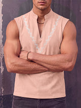 Men's Retro Resort Floral Print Faux Suede Split V-Neck Sleeveless Stand Collar Shirt SKUL78247