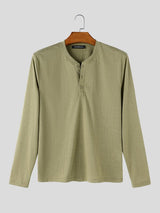 Men's Smart Casual Textured Long-Sleeve Henley Placket T-shirt SKUL78030