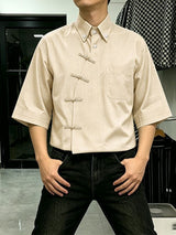 Men's New Chinese Style Gingham Frog Button Short Sleeve Shirt SKUL58785
