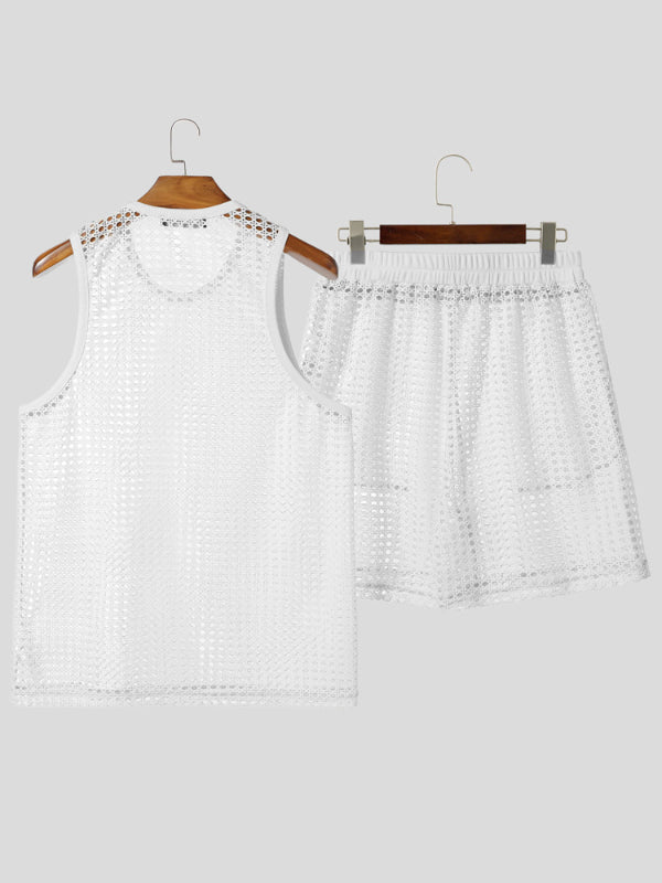 Mens Sheer Mesh Hollow-Out Two Pieces Outfit SKUL19151