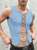 Men's Avant-Garde Full Lace-Up Front Slim Fit Square Neck Sleeveless Tank SKUL56532