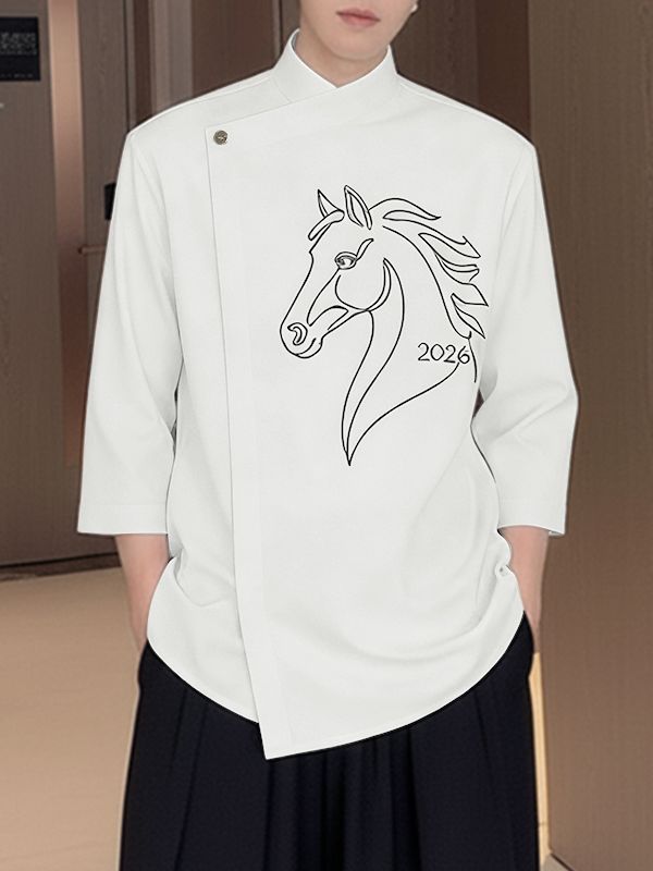 Men's Horse Zodiac Print Asymmetric Placket Shirt SKUL50569