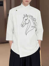 Men's Horse Zodiac Print Asymmetric Placket Shirt SKUL50569