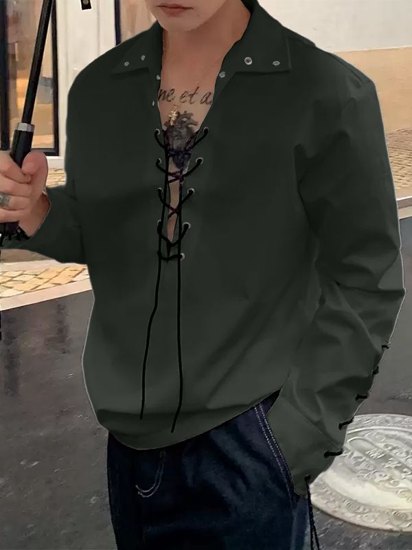 Men's Drawstring Eyelet Long Sleeve Shirt SKUL32839