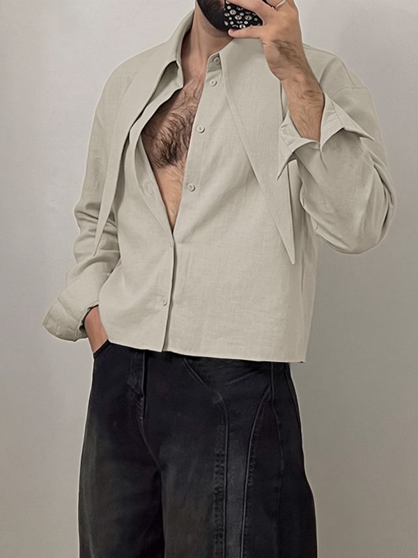 Men's High Street Early Autumn Drop Shoulder Cropped Long Sleeve Exaggerated Lapel Collar Shirt SKUL76420