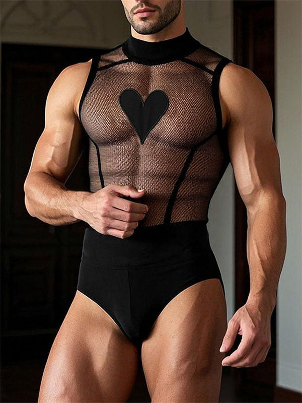 Men's Heart Print Sheer Casual Bodysuit SKUL13990