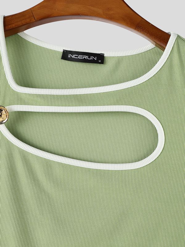 Men's Avant-Garde Genderless Contrast Binding Metal Button Chest Cutout Cropped Fitted Tank SKUL72439
