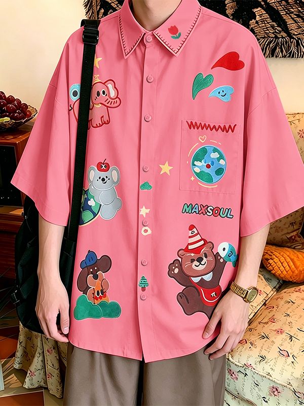 Men's Daily Casual Wear Cartoon Animal Print Oversized Casual Shirt SKUL59660