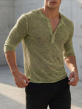 Men's Smart Casual Textured Long-Sleeve Henley Placket T-shirt SKUL78030