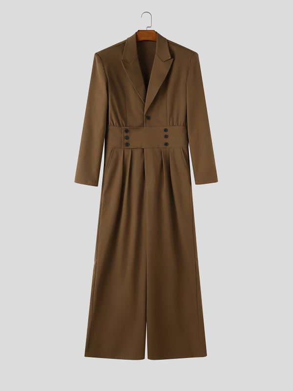 Men's Cocktail Party Wide Corset Waist Pleated Wide Leg Long Sleeve Lapel Collar Floor Length Jumpsuit SKUL81837