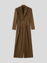 Men's Cocktail Party Wide Corset Waist Pleated Wide Leg Long Sleeve Lapel Collar Floor Length Jumpsuit SKUL81837