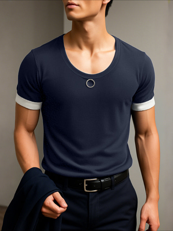 Men's Metal Ring Decor Crew Neck Short Sleeve T-Shirt SKUL25107