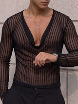 Men's Sexy Party Sheer Mesh Stripe Long Sleeve Cowl Neck T-shirt SKUL78343