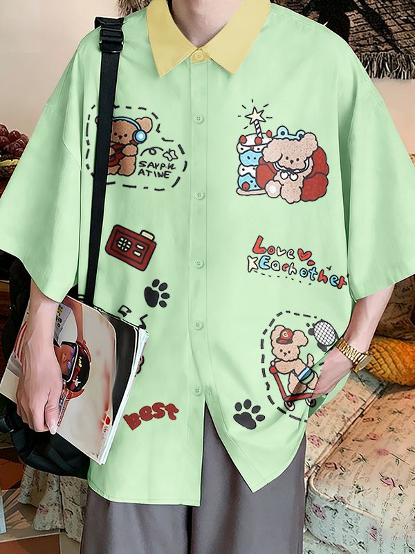 Men's Fun Print Contrast Collar Short Sleeve Shirt SKUL45998