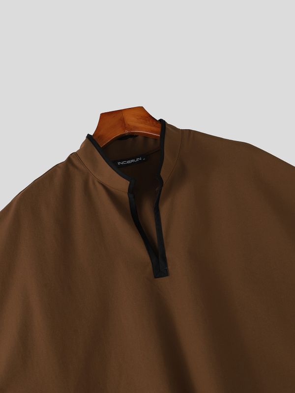 Men's Avant-Garde Resort Contrast Trim Front Pocket Half Sleeve Split Stand Collar Shirt SKUL79047