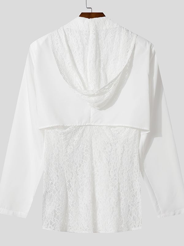 Men's Sheer Lace Patchwork Hooded Long Sleeve Blazer SKUL34017