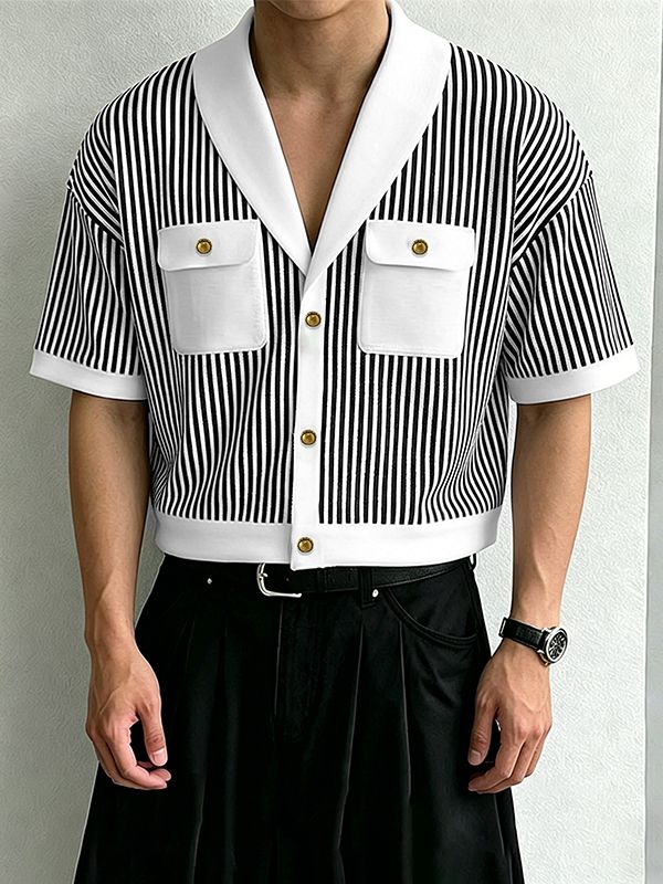 Men's Vintage Preppy Vertical Striped Knit Contrast Shawl Collar Pocket Short Sleeve Shirt SKUL63829