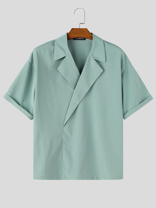 Men's Solid Color Textured Casual Short Sleeve Shirt SKUL63845