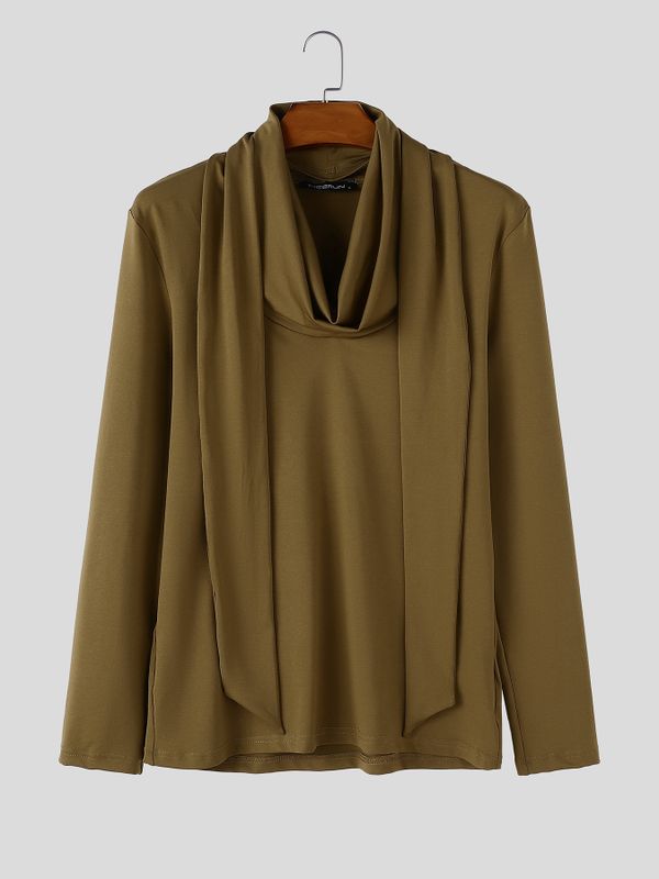 Men's Avant-Garde Early Autumn Built-in Scarf Drape Slim Long Sleeve Cowl Neck T-shirt SKUL81735