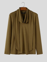 Men's Avant-Garde Early Autumn Built-in Scarf Drape Slim Long Sleeve Cowl Neck T-shirt SKUL81735
