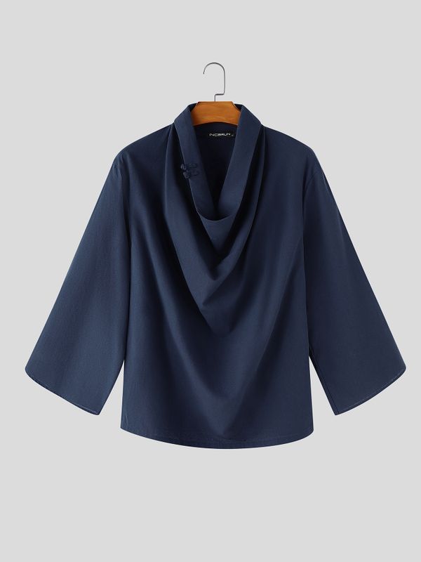 Men's Avant-Garde Modern Neo-Chinese Zen Cowl Neck Loose Kimono Sleeve Shirt SKUL73630
