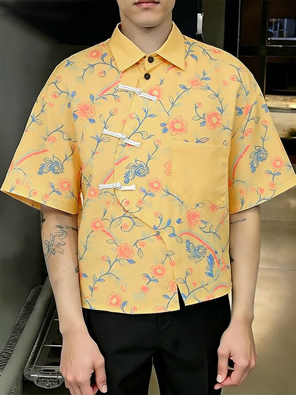 Men's Asymmetrical Vintage Floral Print Frog Button Boxy Shirt SKUL60912