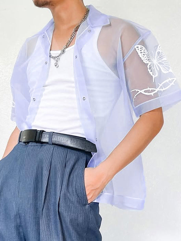 Mens Butterfly Print Mesh Sheer Short Sleeve Shirt SKUL08501
