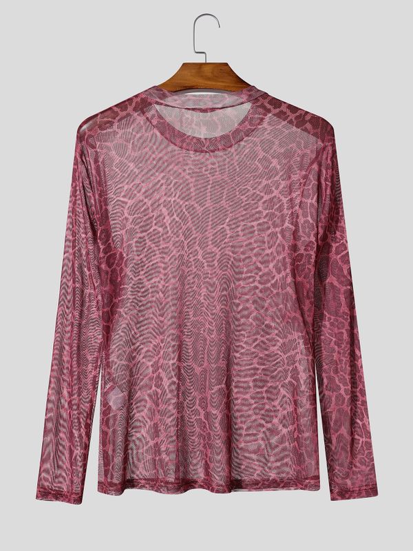 Men's Sexy Clubwear Sheer Leopard Pattern Second Skin Muscle Fit Long Sleeve Crew Neck T-shirt SKUL82464