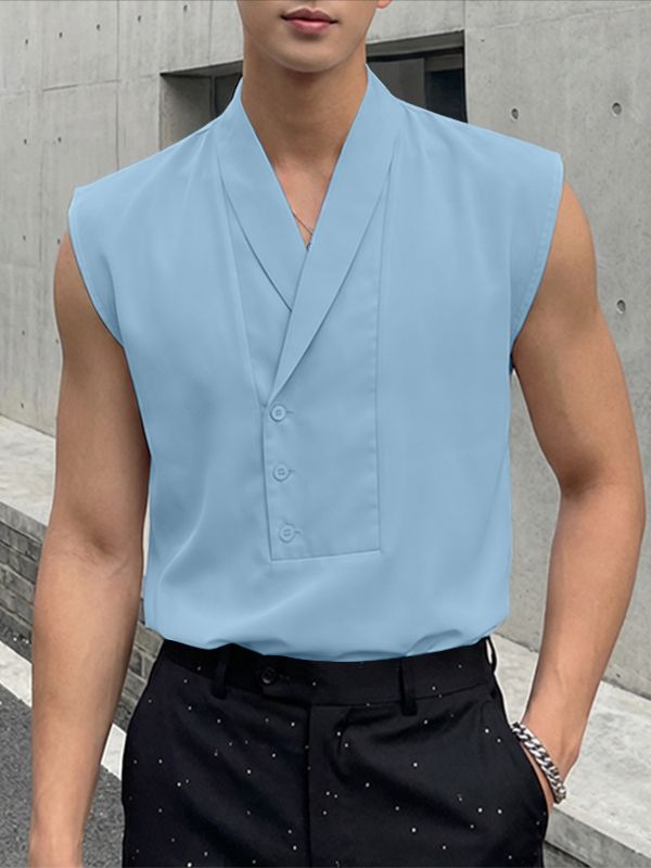 Men's Solid Color Lapel Button Tank SKUL56063