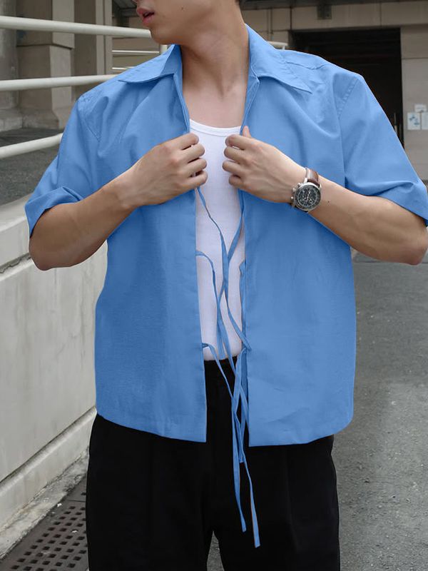 Men's Drawstring Patchwork Short Sleeve Shirt SKUL36626