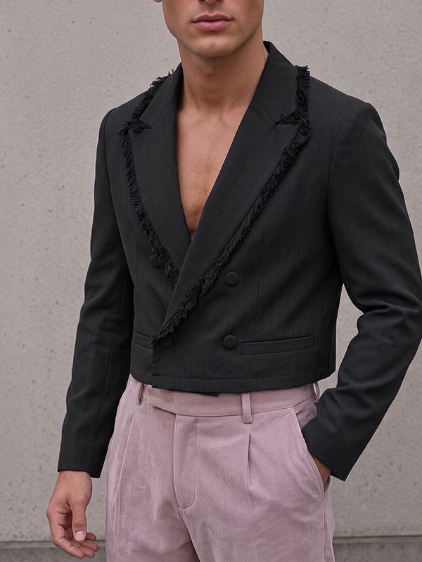 Men's Avant-Garde Cocktail Party Raw Fringe Trim Double Breasted Long Sleeve Cropped Blazer SKUL78334