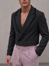 Men's Avant-Garde Cocktail Party Raw Fringe Trim Double Breasted Long Sleeve Cropped Blazer SKUL78334
